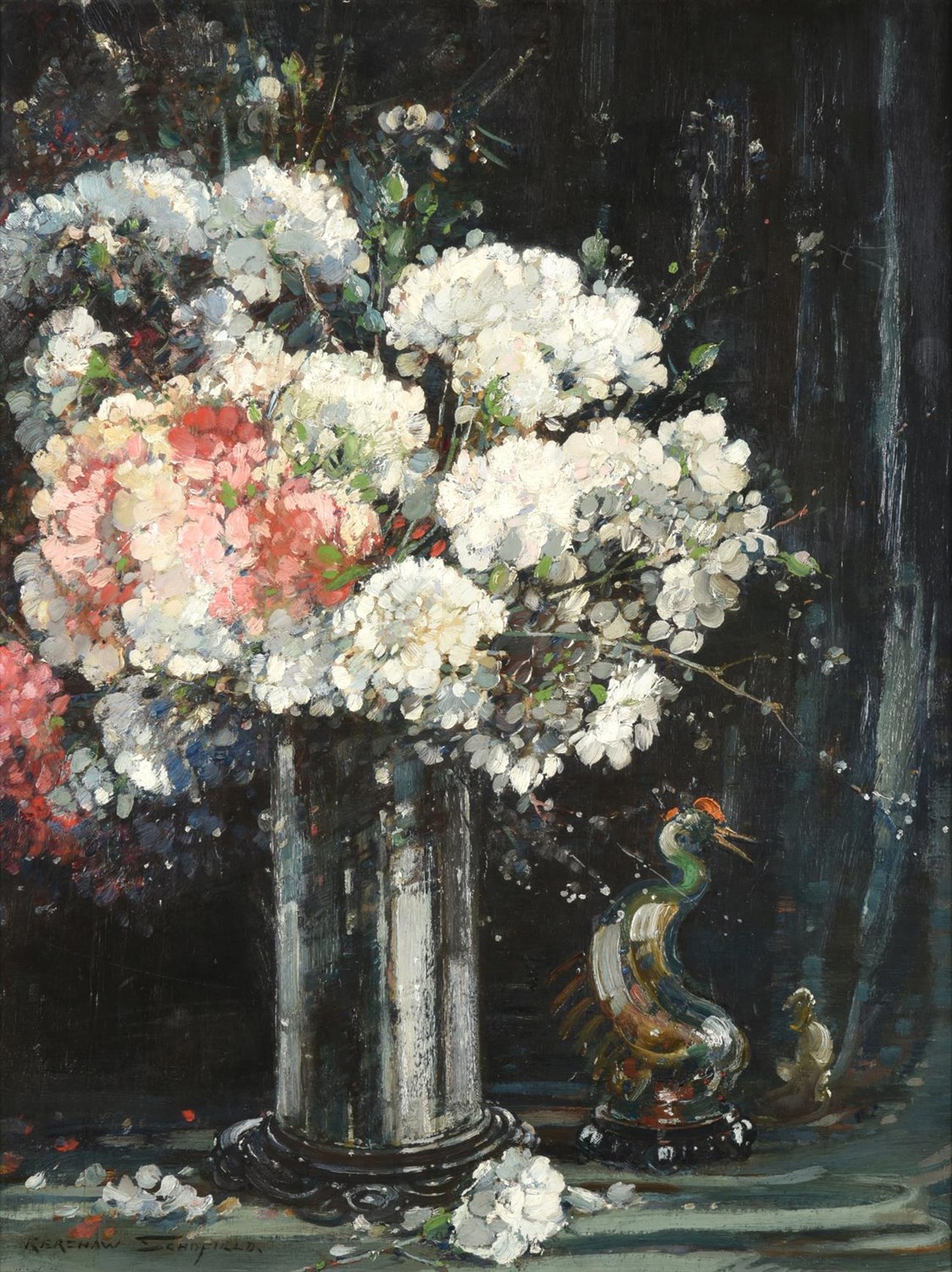 Lot 1132 - Kershaw Schofield (1875-1941) Still life of blossom in a glass vase Signed, oil on board, 76cm...