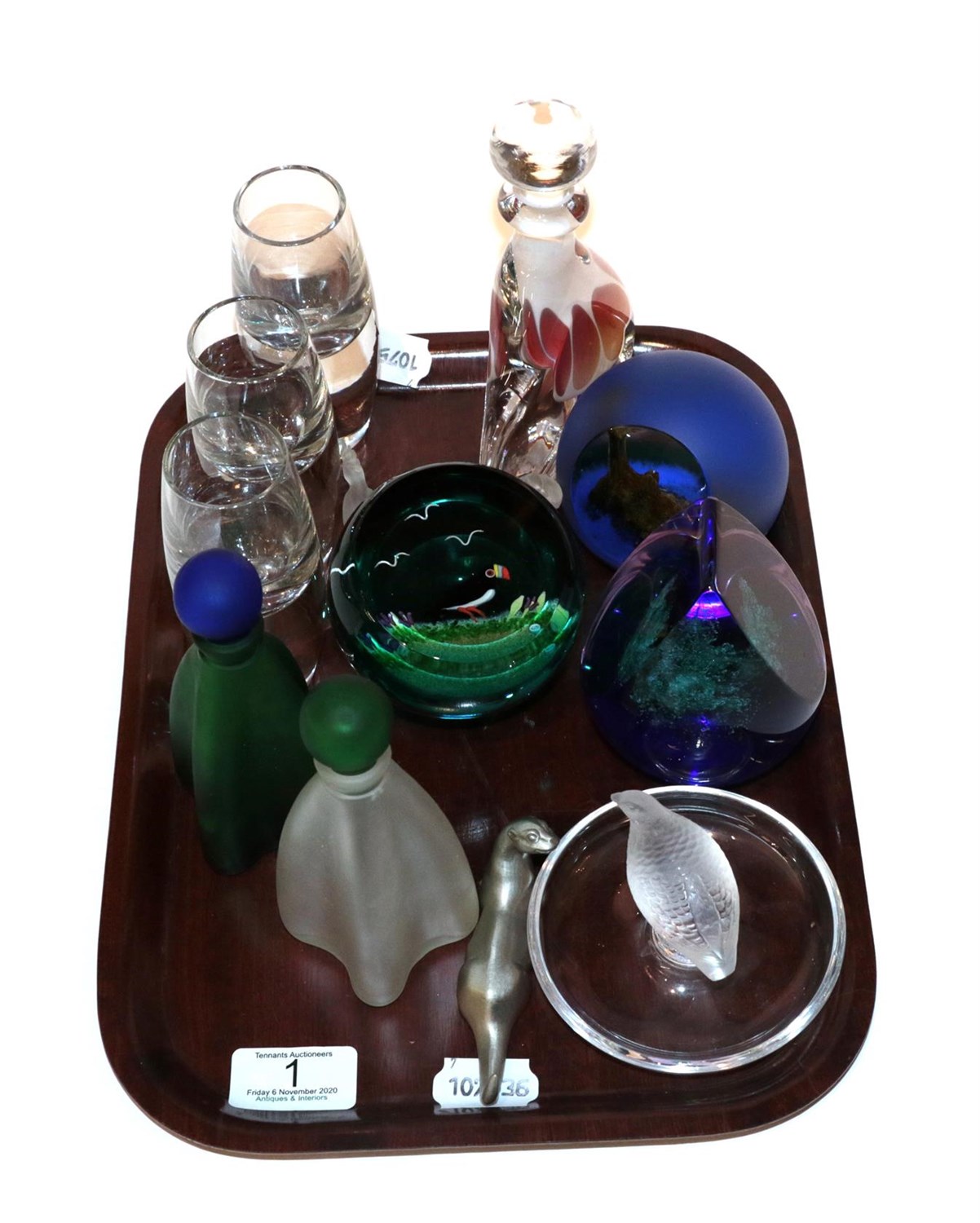 Lot 1 - A tray of art glass including three Caithness paperweights, a Lalique ring stand and three assorted