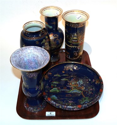 Lot 4 - Three Carlton ware chinoiserie vases and two Lawley's pieces similarly decorated