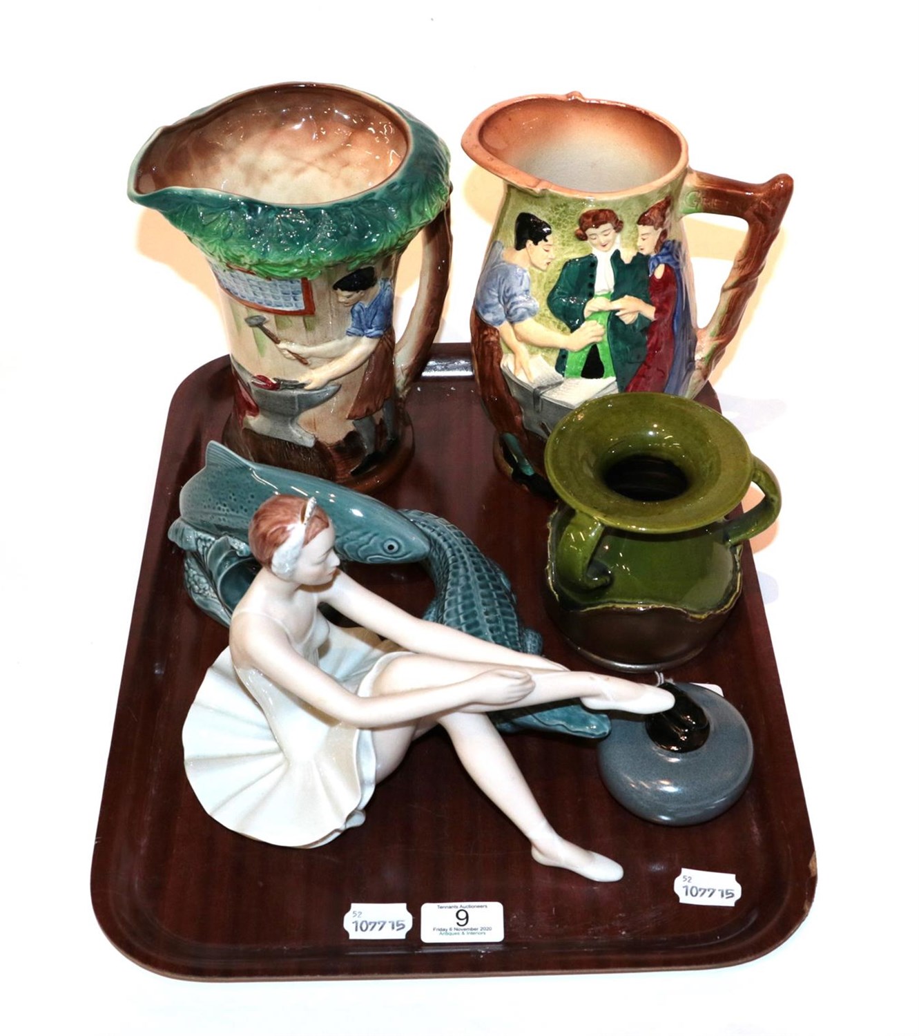 Lot 9 - A tray of ceramics including Burleigh ware jugs, Bretby vase, Royal Dux ballerina, Beneagles...