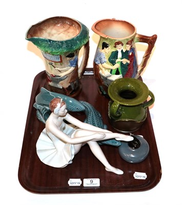 Lot 9 - A tray of ceramics including Burleigh ware jugs, Bretby vase, Royal Dux ballerina, Beneagles...