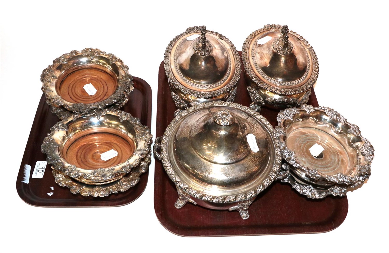 Lot 10 - Three plated tureens with covers together with three pairs of plated wine coasters (9)