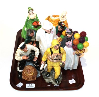 Lot 15 - A collection of Royal Doulton figures comprising Lobster man HN2323, Lifeboat man HN2764,...