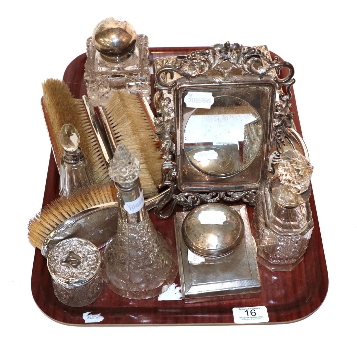 Lot 16 - Various silver brushes, dressing table pots, scent bottles, frames etc, with various dates and...