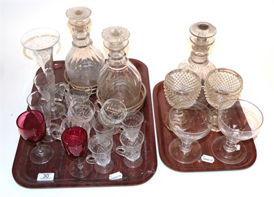 Lot 30 - Antique glass comprising a pair of Georgian decanters and a single decanter with stoppers, an...