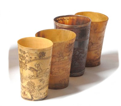 Lot 1098 - A Group of Four Hunt Engraved Cow Horn Beakers, 19th century, similar to the preceding, one...