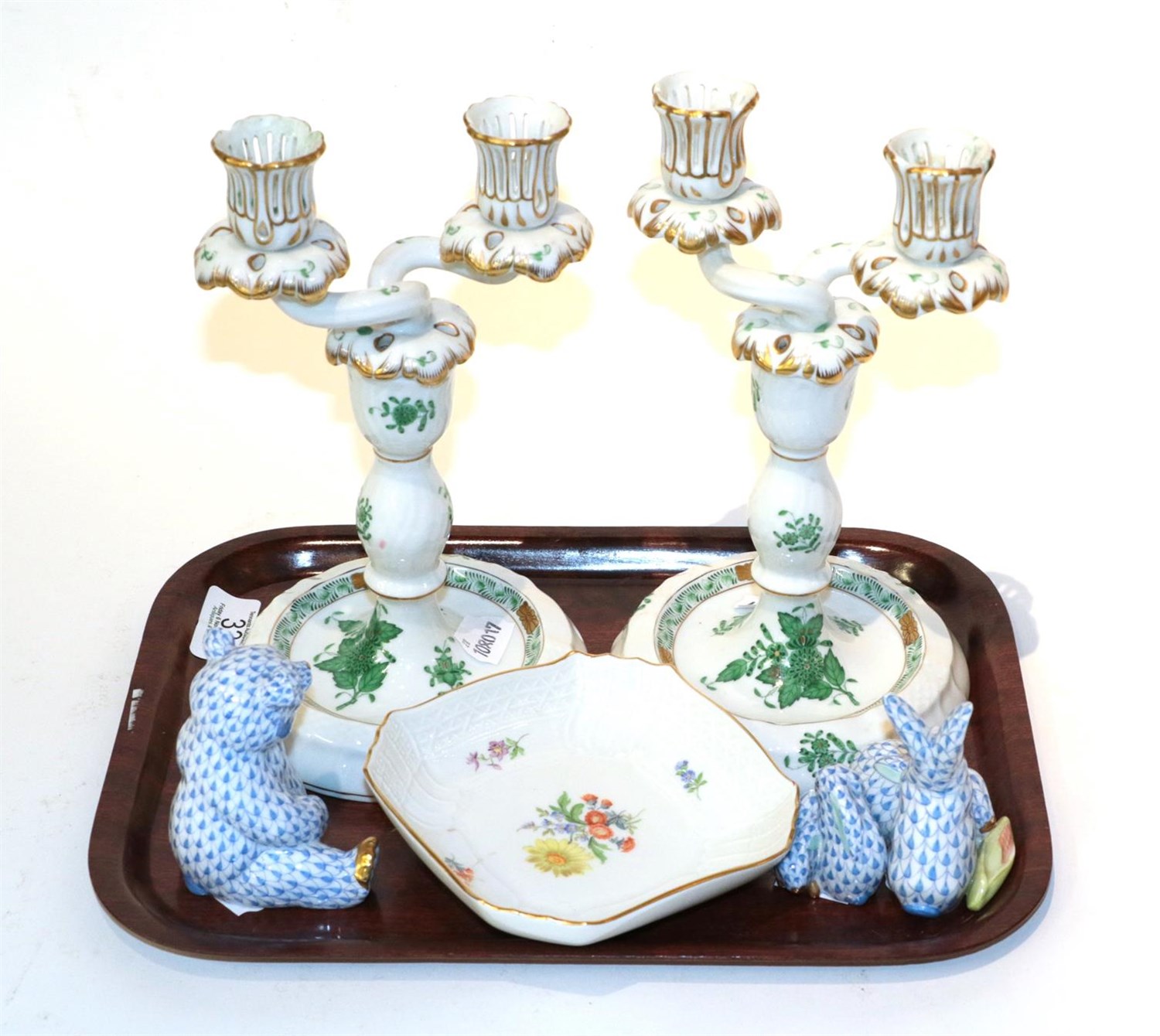 Lot 33 - A pair of Herend two-light candelabra in green, a blue fishnet Teddy, two groups of rabbits and...