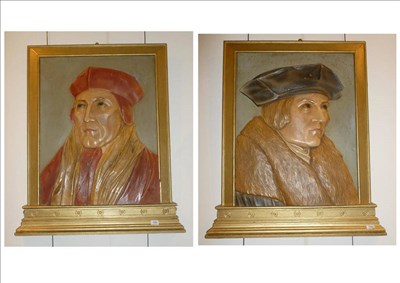 Lot 1100 - A Pair of Carved Wood Relief Portrait Plaques, early 20th century, depicting Cardinal Wolsey...