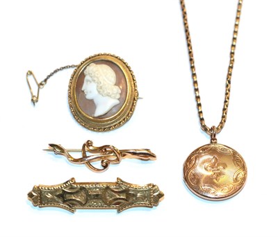 Lot 62 - A locket, stamped '9C' on chain with applied plaque stamped '9C', chain length 48cm, a cameo...
