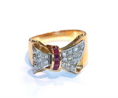 Lot 66 - A synthetic ruby and diamond bow motif ring, unmarked, finger size P1/2