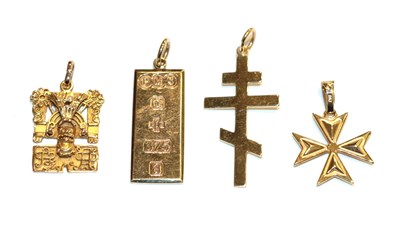 Lot 80 - A 9 carat gold ingot pendant, length 3.6cm; a hieroglyphic pendant, stamped '14K'; a Maltese...