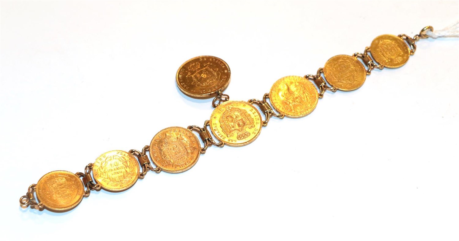 Lot 83 - A coin bracelet comprised of various coins including 10 Francs, 20 Francs etc, length 19.5cm