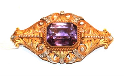 Lot 88 - An amethyst, seed pearl and diamond brooch in a matte finish frame, unmarked, length 7.2cm