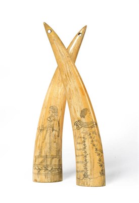 Lot 1105 - A Pair of Scrimshaw Decorated Walrus Tusks, circa 1880, each with pierced holes at the tip for...