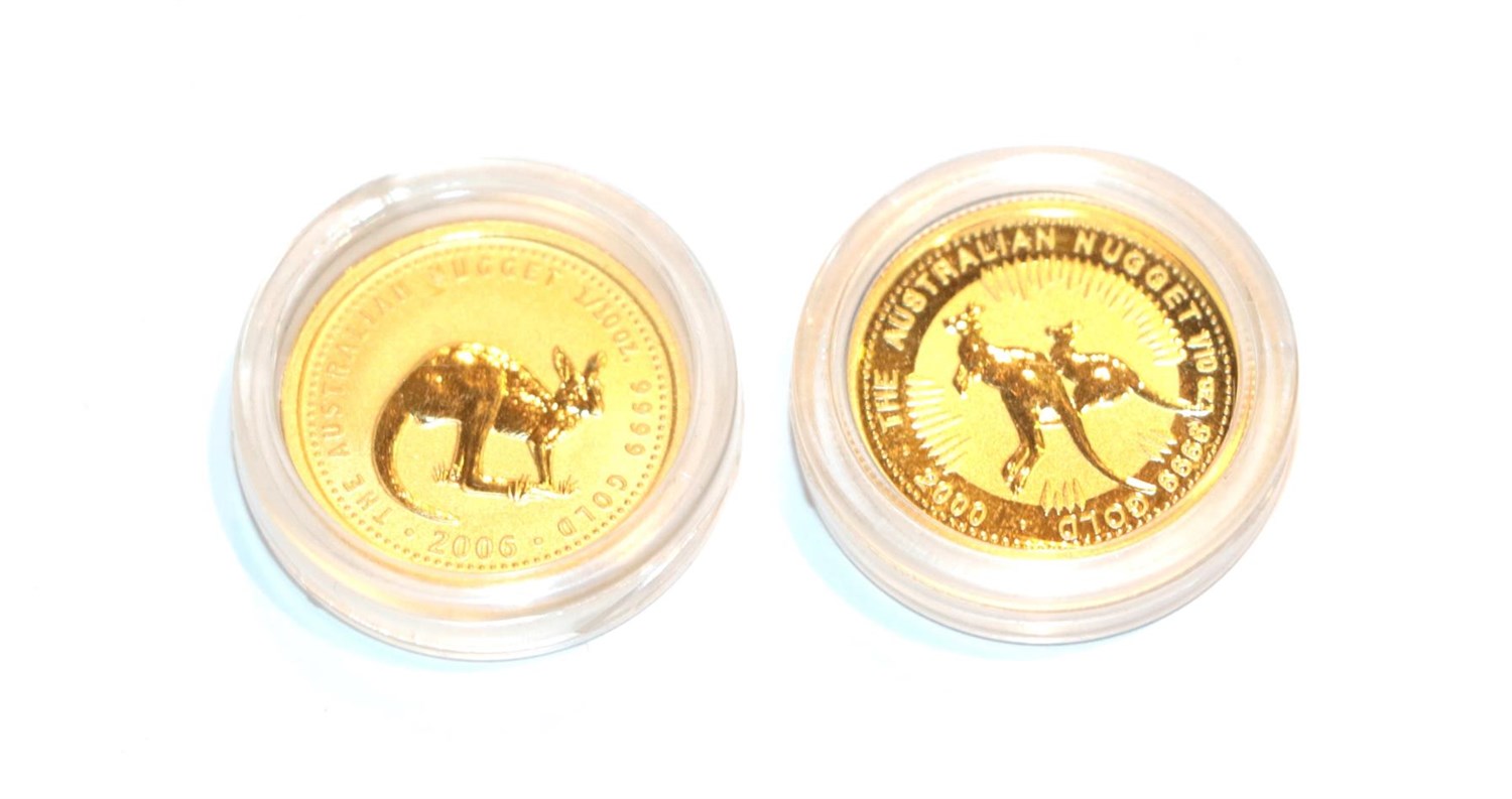Lot 109 - 2 x Australia, $15, 1/10 oz .9999 Gold Coins featuring the 2000 and 2006 kangaroo types. Both...
