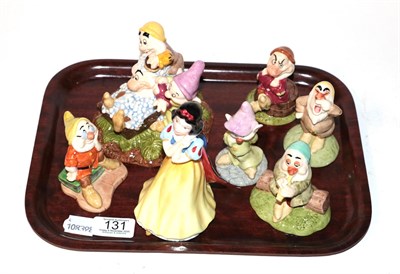 Lot 131 - Royal Dalton Snow White and the Seven Dwarves figures; Grumpy's bath time, Snow White, Doc, Sleepy