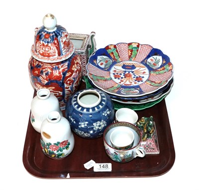 Lot 148 - Japanese Imari vase, three Japanese Imari plates, Wedgewood leaf plate, Chinese export vases etc