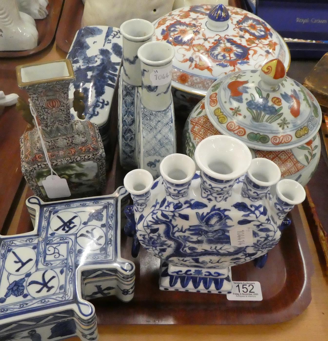 Lot 152 - A group of modern Chinese ceramics, comprising two blue and white boxes and covers; a tulip vase; a