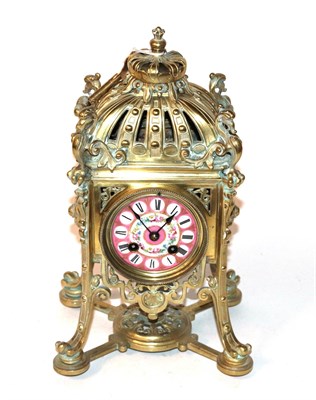 Lot 156 - A gilt metal striking mantel clock, pink porcelain dial, movement stamped Hy Marc Paris