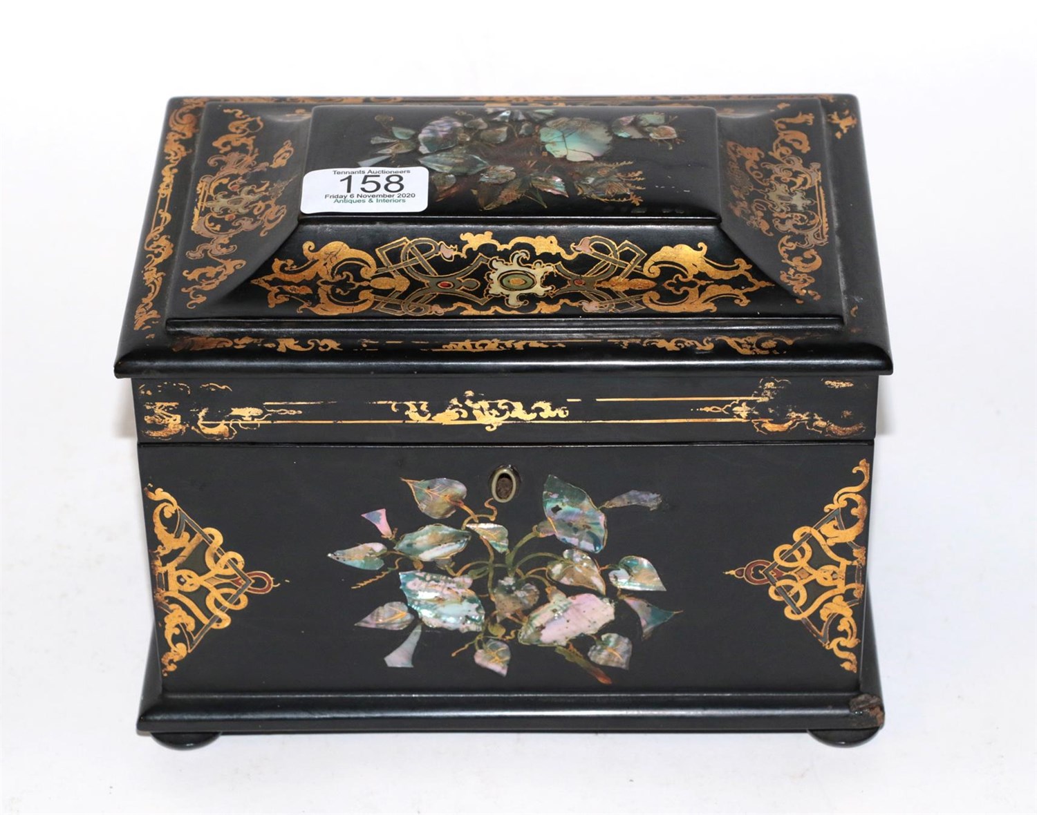 Lot 158 - Victorian papier mache tea caddy, with key