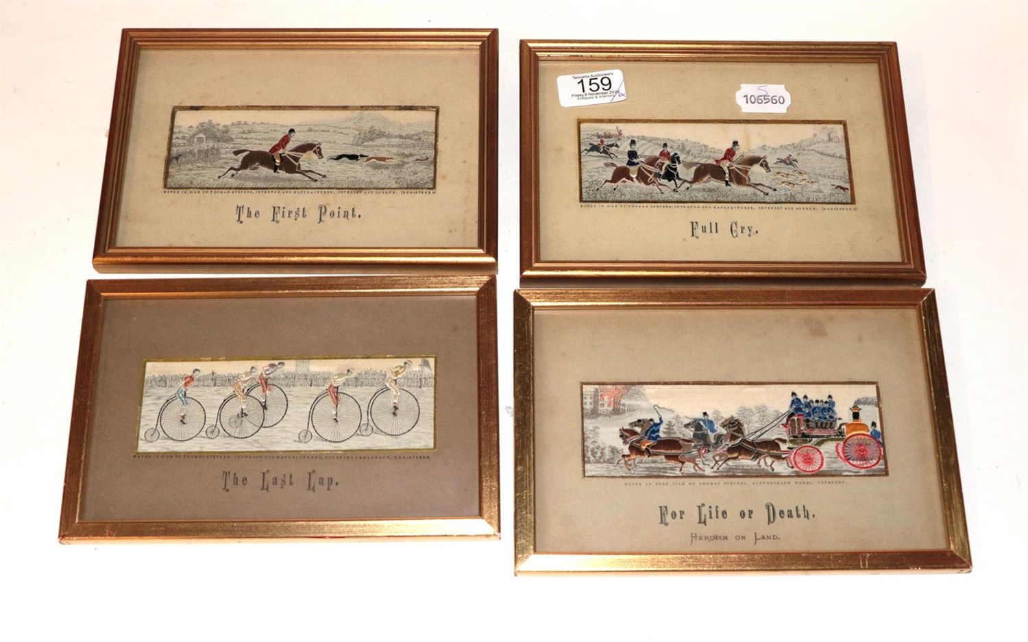 Lot 159 - Four gilt-framed Stevengraphs, titled 'Full Cry', 'The First Point', 'The Last Lap', 'For Life...