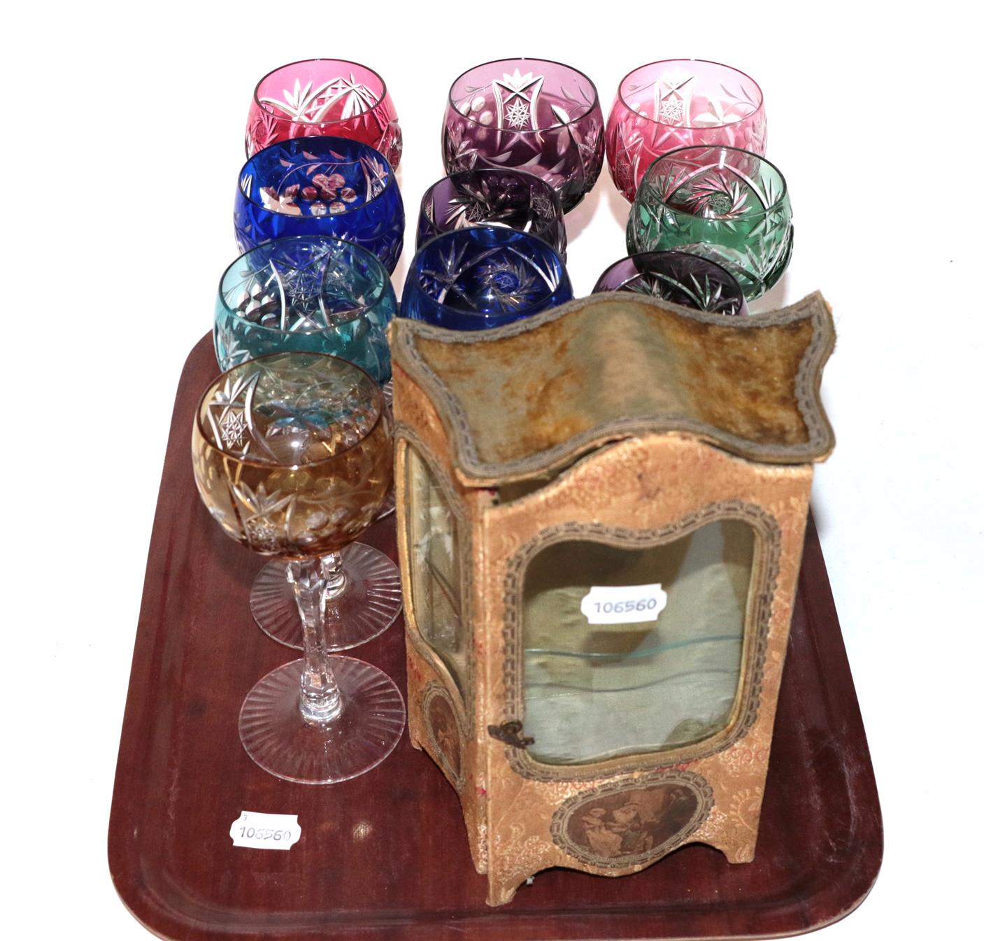 Lot 162 - Ten assorted coloured hock glasses; and an early 20th century French style display cabinet in...