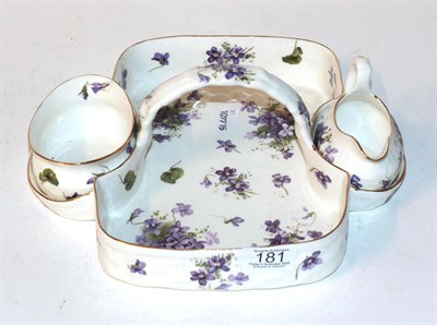 Lot 181 - A Hammersley & Co strawberry dish painted with purple floral sprays and with integral sugar and...