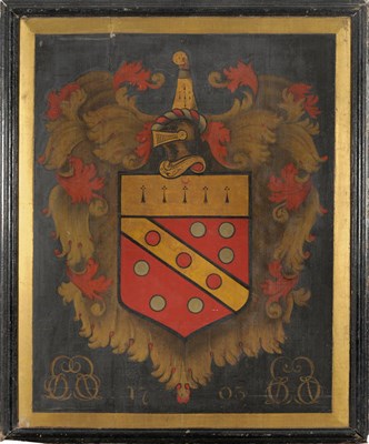 Lot 1114 - An 18th Century Painted Armorial Panel, as a mantled helm and shield over two pairs of complex...