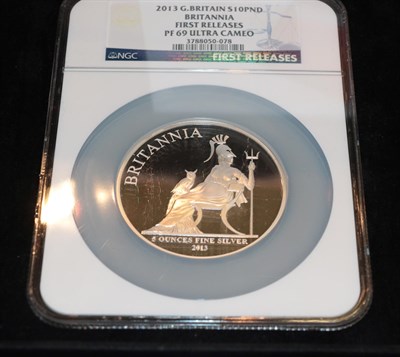 Lot 211 - Silver Proof 'Britannia' £10 2013, 'First Strike' presentation coin; obv. Rank-Broadley...