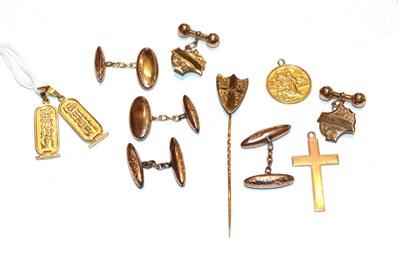Lot 220 - Two pairs of 9 carat gold cufflinks; a pair of cufflinks stamped '9CT'; a 9 carat gold cross...