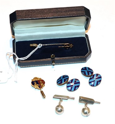 Lot 221 - A 9 carat gold Saints & Sinners stick pin, boxed; a 9 carat gold enamel lapel pin; a pair of silver