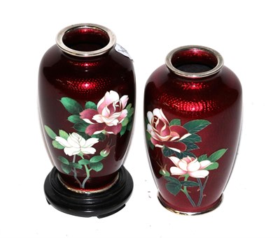 Lot 281 - A pair of cloisonne red enamel floral vases with modern stand