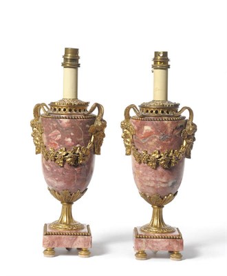 Lot 1127 - A Pair of Violet Marble and Ormolu Mounted Neo-Classical Lamp Bases, French, early 20th...