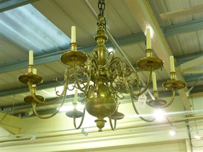 Lot 1129 - A Flemish Brass Eight-Branch Chandelier, in 17th century style, of baluster and ball form with...