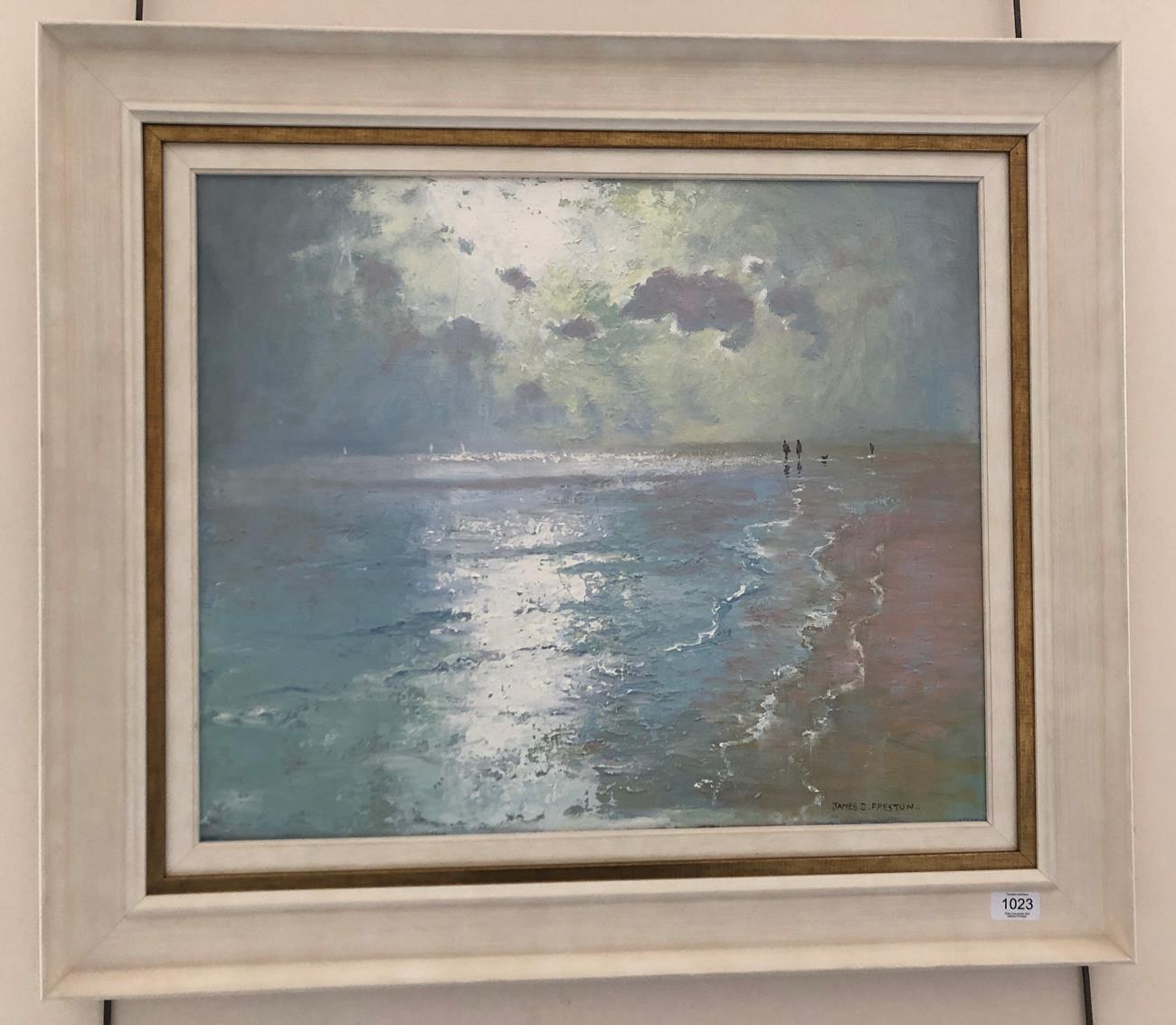 Lot 1023 - James Preston (Contemporary) Figures and Dogs in the surf Signed, oil on canvas, 50cm by 59.5cm...