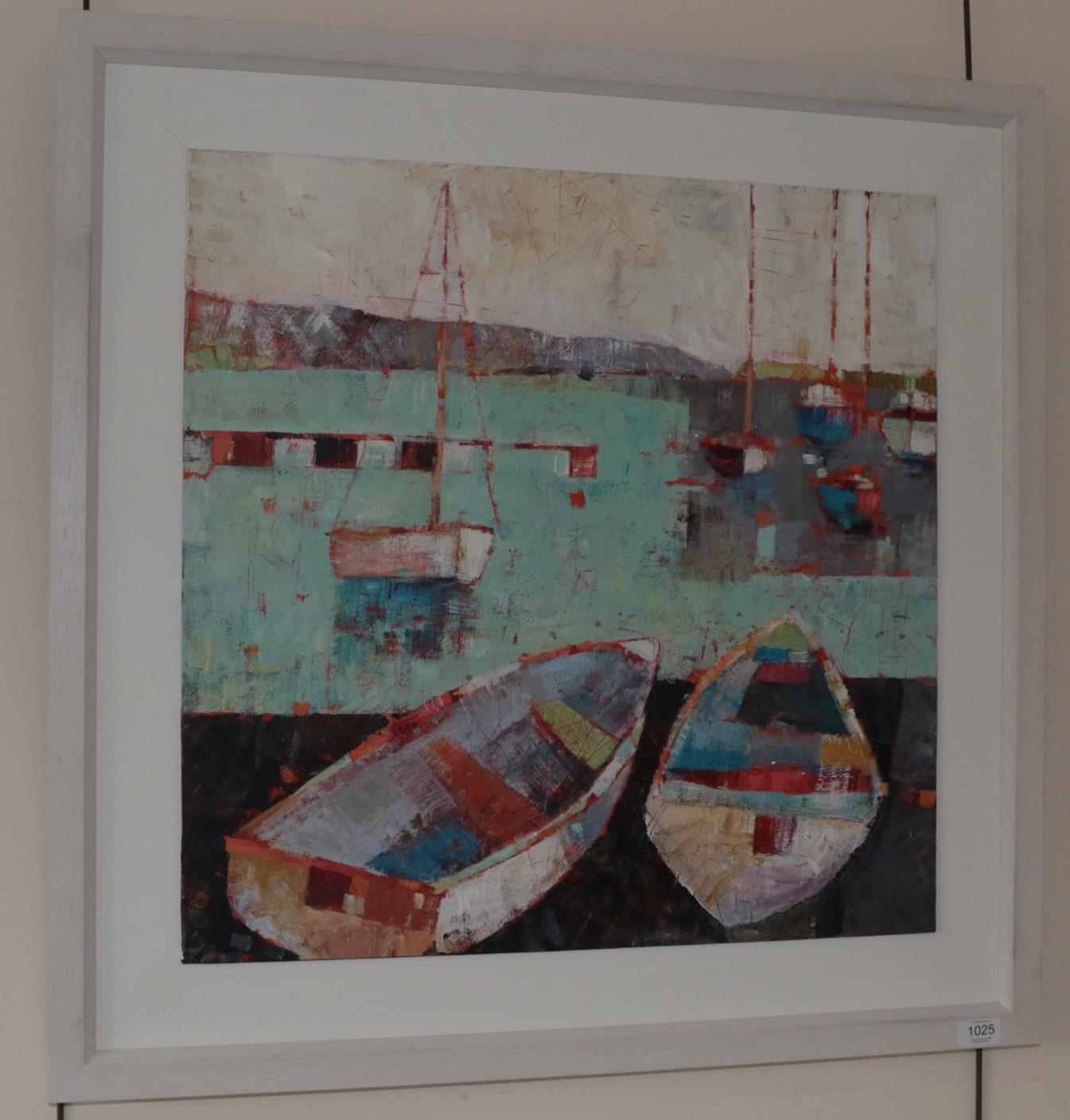 Lot 1025 - Sally Anne Fitter (b.1963) ''Seven Boats'' Oil on canvas, 60cm by 60cm   Artist's Resale...