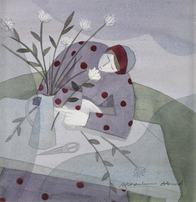 Lot 1042 - Madeline Hand (b.1959) Scottish ''Arranging Flowers'' Signed, watercolour, 25cm by 25cm...