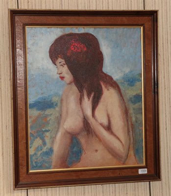 Lot 1069 - Tom Keating (1917-1984) Tahitian girl with red flower in her hair (after Gauguin) Signed, oil...