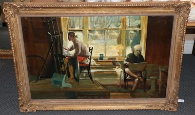 Lot 1070 - Tom Keating (1917-1984) The artist and Jane Kelly in the studio Oil on canvas, 68.5cm by...