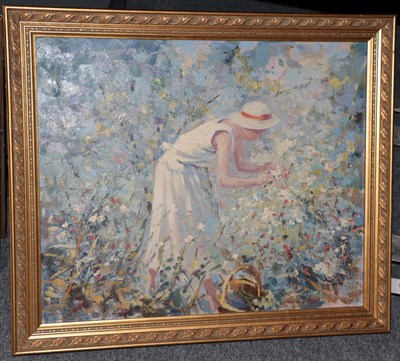 Lot 1080 - William Norman Gaunt FIAL NDD (1918-2001) Lady in a white dress and sun hat tending to her...