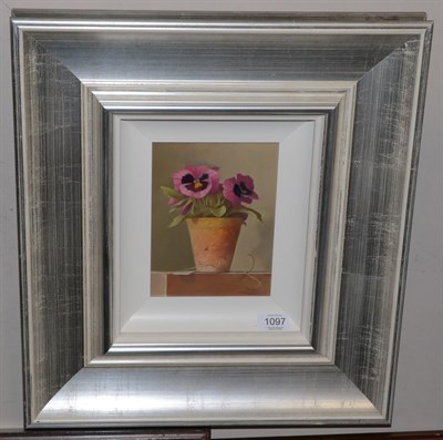 Lot 1097 - Ian Parker (b.1955)  Still life of pansies in a pot Signed, oil on board, 18.5cm by 14cm...