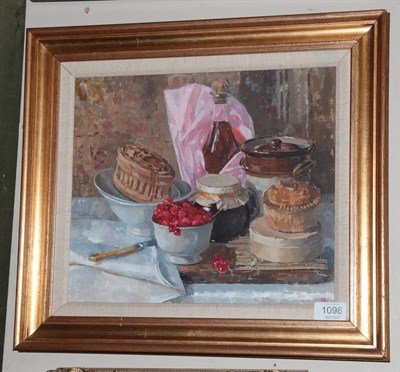 Lot 1098 - Pamela Kay (b.1939) ''Still Life of Redcurrants, Pies and Preserves'' Initialled, inscribed...