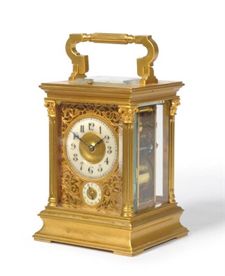 Lot 1149 - A Gilt Brass Striking and Repeating Carriage Clock with Alarm, circa 1890, with top carrying handle