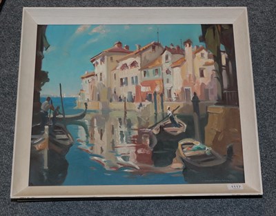 Lot 1117 - John R Townsend (1930-2013) Venetian canal Signed, oil on canvas, 44.5cm by 55cm  Artist's...