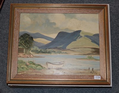 Lot 1118 - Attributed to Rowland Suddaby (1912-1972)  Rowing boat on a lakeland shore Initialled RS And...