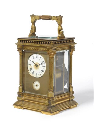 Lot 1150 - A Gilt Brass Quarter Striking Carriage Clock with Alarm, circa 1890, with carrying handle and...