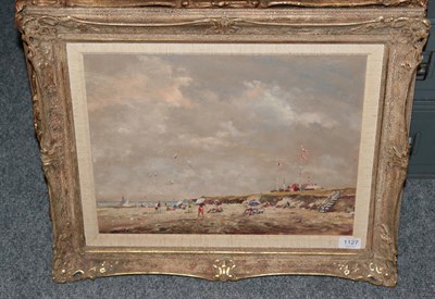 Lot 1127 - John Horwood (b.1934) Figures on a beach with parasols Signed, indistinctly dated, oil on...