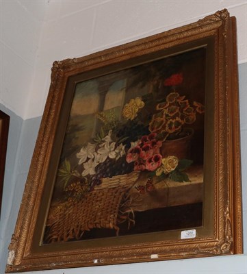 Lot 1202 - English School (late 19th century) Still life of flowers and grapes with butterfly, oil on...