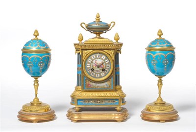 Lot 1158 - An Ormolu and Porcelain Mounted Striking Mantel Clock with Garniture, retailed by Miller &...