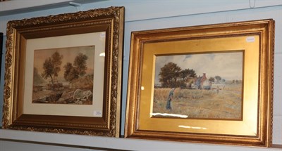 Lot 1208 - English School (19/20th century) Rural landscape with figures and cottage, indistinctly signed,...